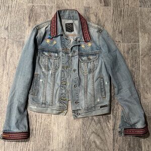 Lucky Brand Light Blue Denim Jacket with Red Embroidered Trim